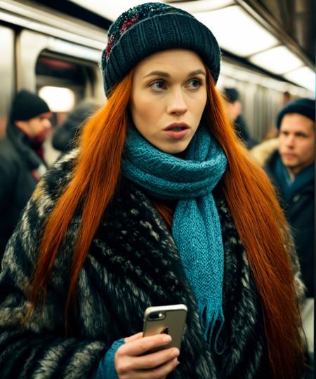 <lora:DollyLittle_SDXL_v1.2-000014:1.1>  ( cinematic:1.3) still photo of a ((ohwx woman)), checking her (iphone) on a Manhattan NYC subway train, wearing a large fur coat, beanie, scarf, long red hair, crowded subway, beautiful lighting, candid photography, documentary, shot on a Hasselblad X1D II 50C  High resolution, excellent dynamic range, and medium format sensor      Hasselblad XCD 45mm f/4,        ISO 12800, 1/125s, f/4, 45mm (for a medium shot), heavy film grain