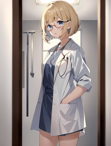 masterpiece, best quality, high quality, labcoat over scrubs, hospital exam room, ((stethoscope)), <lora:LabcoatOverScrubs1_1:0.7> 1girl,(hospital, operating room, infirmiary,clinic),  (kimiko shimoto), <lora:Irene Bradford:0.7> (1girl, 3dcg 05, bangs, blonde_hair, blue eyes, blunt bangs, bob cut, brown hair, brown-framed eyewear, glasses, hair intakes, inverted bob, irene bradford, short hair, small breasts, solo),