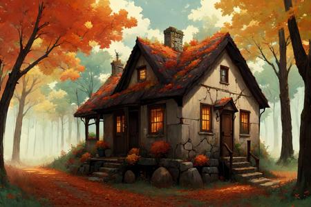 a ruined cottage in the forest, autumn colors, thick brush strokes, (no humans:1.9), <lora:StarkJourney:1.0>