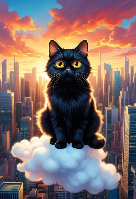 A captivating illustration masterpiece of a very funny ((cute cat)) with ( (((huge))) ((oversized)) ((manga-style eyes)):1.2), feline is gazing very longingly into the camera lens. The cat's fluffy fur contrasts with its sleek black attire, and it sits on a transparent cloud, as if levitating above the ground. The background showcases a vibrant cityscape with towering skyscrapers and a dramatic sunset, creating a delightful mix of urban and whimsical elements, from above