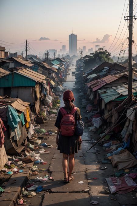 1 girl, stand in front, portrait of slumparea full of trash at jakarta, trash can, garbage, trash, plastic bag, dirty, slum city, poverty,  dim light, epic, cityscape, dawn, clear sky, tree, railroad, cable, dramatic, river