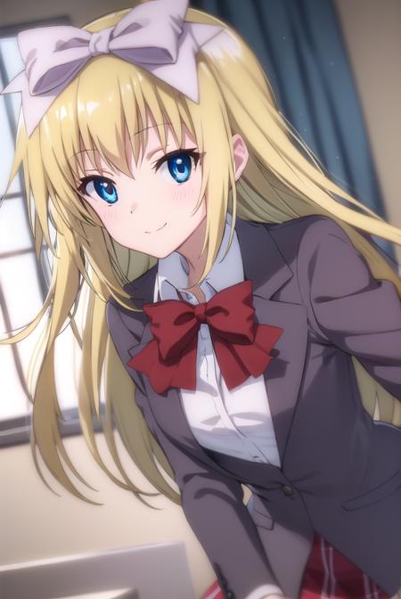 mafuyushiina, <lora:mafuyu shiina s2-lora-nochekaiser:1>,
mafuyu shiina, long hair, blue eyes, blonde hair, bow, hair bow, bowtie, smile,
BREAK skirt, school uniform, plaid, plaid skirt, shirt, white shirt, collared shirt, jacket, long sleeves, black jacket,
BREAK indoors, classroom,
BREAK looking at viewer, (cowboy shot:1.5),
BREAK <lyco:GoodHands-beta2:1>, (masterpiece:1.2), best quality, high resolution, unity 8k wallpaper, (illustration:0.8), (beautiful detailed eyes:1.6), extremely detailed face, perfect lighting, extremely detailed CG, (perfect hands, perfect anatomy),