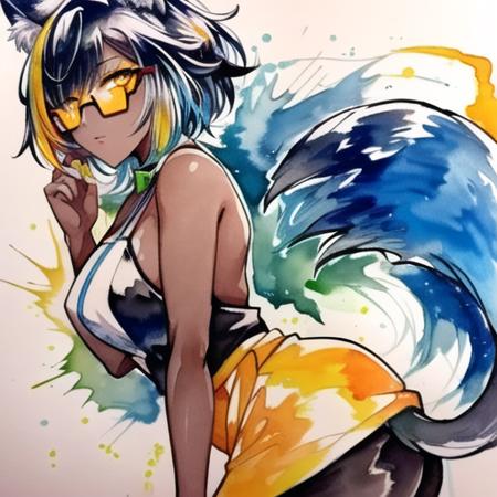 masterpiece, 1girl, wolf ears, animal ear fluff, tail, dark skin, orange hair, yellow eyes, glasses, office lady,  <lora:inkpun:0.9> inkpun,  paint splatter, splatter,dripping,  colorful, watercolor (medium) DarkSkin_Style