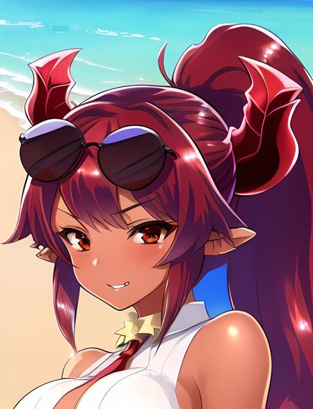 masterpiece:1.1, highest quality:1.3, <lora:dragon_girl-04:1>, drag0n girl, front view, dragon horns, dark-skinned female, red hair, shoulders, portrait, tied shirt, navel, outdoors, pointy ears, eyewear on head, ponytail