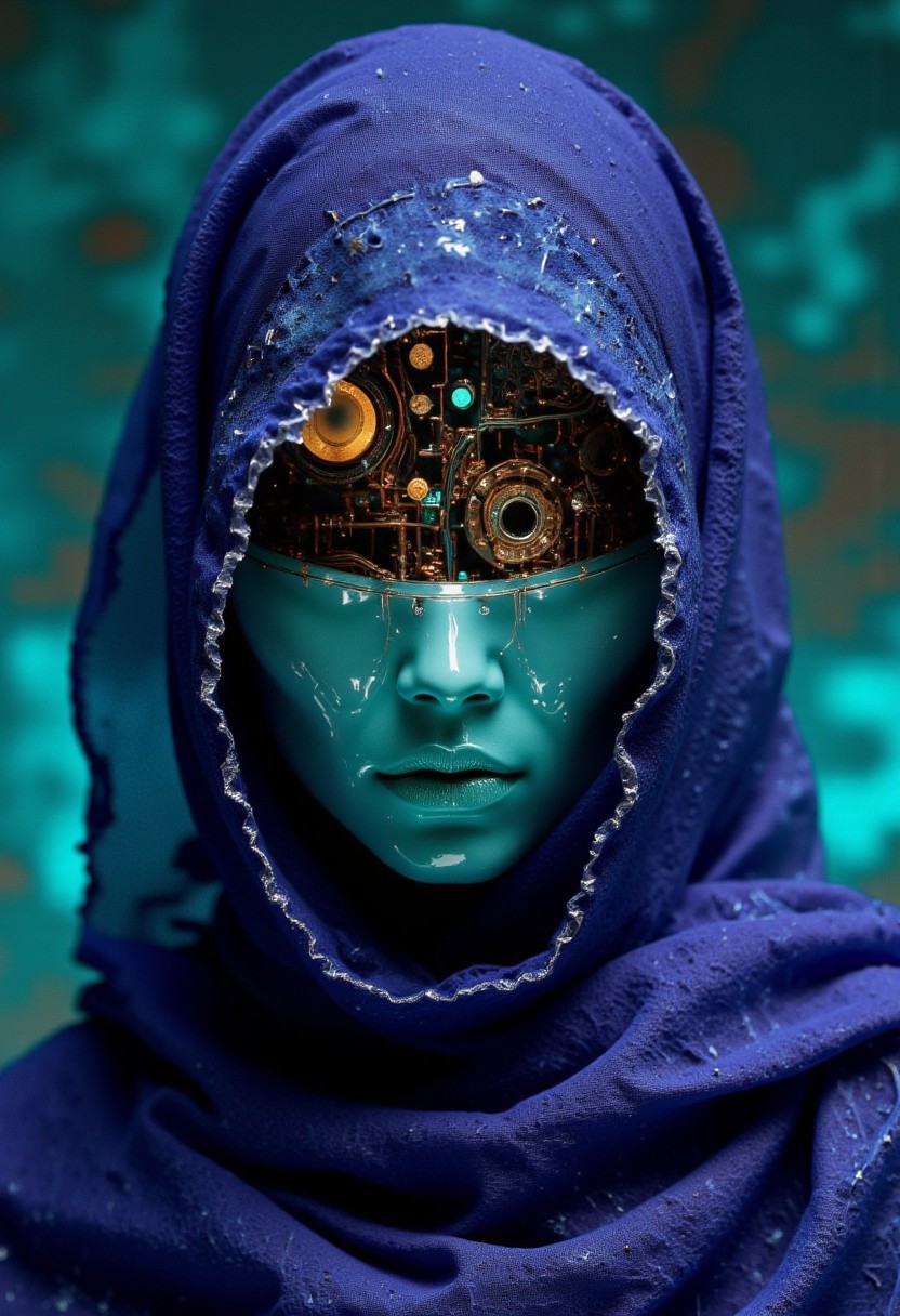 A figure with intricate mechanical components integrated into its skin and face. It wears a deep blue, flowing headscarf. The background is blurred with out-of-focus teal details. 