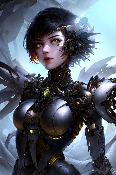 1girl, black hair, solo, short hair, weapon, cyborg, feathers, facial mark, sword, mechanical arms, wings, looking at viewer, brown eyes, lips, single mechanical arm, cyberpunk, holding, signature,arms behind back