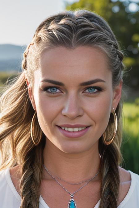 <lora:r3b3cc4:0.9>, a Realistic photo of r3b3cc4 woman, 1girl, solo, long hair, smile, blue eyes, blonde hair, jewelry, braid, earrings, teeth, necklace, single braid, portrait, hoop earrings, realistic, soft lighting, professional Photography, Photorealistic, detailed eyes, RAW, analog, sharp focus, 8k, HD, DSLR, high quality, Fujifilm XT3, film grain, award winning, masterpiece