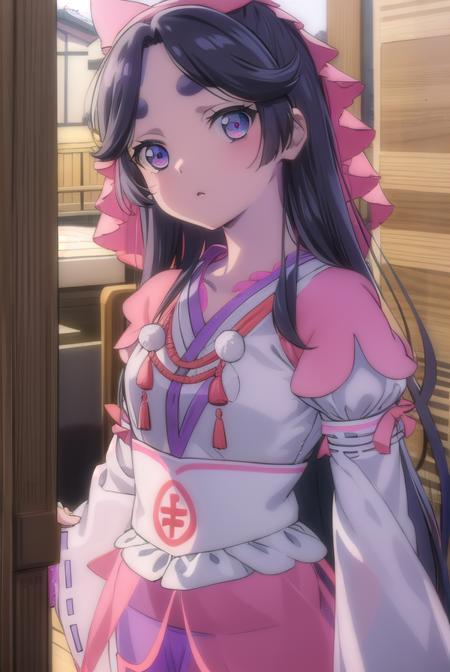 sara azuma, long hair, black hair, very long hair, (purple eyes:1.1), hair bow, pink bow, bow, (parted bangs:1.5), long sleeves, japanese clothes, wide sleeves, see-through,