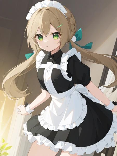 <lora:xl_ééæµè¯0.6æ­£å+å¤ç´ æ-000014:0.9>,qingque girl,low twintails,green eyes,light brown hair,maid,