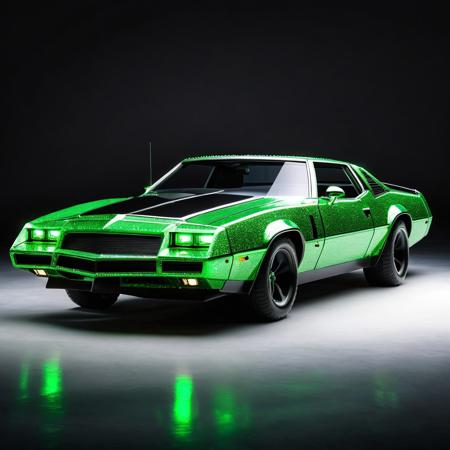 Concept photo, Incredibly Detailed Accurate Portrait Of a Green Knight Rider car made from diamond Kryptonite, drawn by Frank Frazetta, Grand Theft Auto 5 Style, no humans, from the side