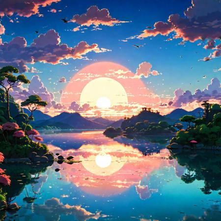 A sunset view of a beautiful lake with flamingos , (lineart), (studio ghibli:1.3), (masterpiece, best quality), (studio ghibli:1.3), vibrant lush, landscape lens, dreamlike, bioluminescent, cel-shading, alphonse mucha, approaching perfection, sharp focus, highly detailed, concept art, trending on pixiv, 4k definition, (photo realistic)