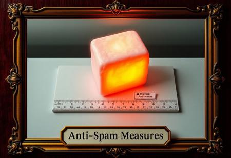 A high quality photograph with an art deco frame and title plaque at the bottom of "Anti-Spam Measures" picturing a block of pink flesh with a glowing yellow aura on a measuring board. There's a small warning label next to the pink block stating "Warning: Anti-matter".