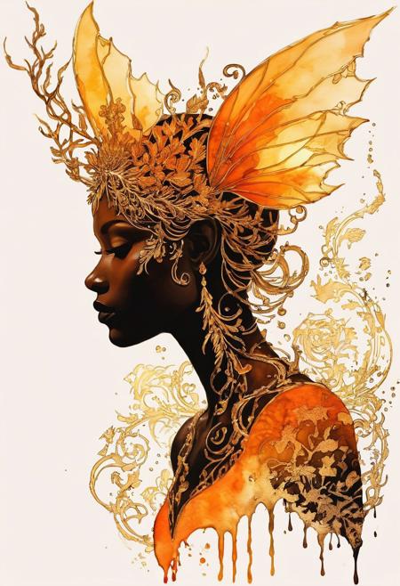Silhouette Art, breathtaking ( absurdres divine aesthetic  FaeTastic extravaganza alcohol ink sketch). amazing, fine, detailed, masterpiece, lovely, charming, awe-inspiring, radiant, magnificent. (all golden hues and fine vibrant orange glowing smoldering accent and shiny gold color scheme:1.02). glossy.
<lora:InkArtXL_1.2:0.4> <lora:FaeTastic:0.35> . award-winning, professional, highly detailed . extremely high-resolution details, photographic, realism pushed to extreme, fine texture, incredibly lifelike, high contrast, well defined .