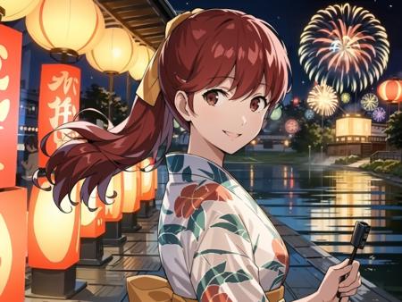 masterpiece, best quality, highres, extremely detailed CG unity 8k wallpaper,
illustration of  dskasumi, long hair, ponytail, hair ribbon, smiling, yukata, 1girl, solo, festival, lake, cityscape, fireworks, night sky, detailed background, (persona 5:0.5)
<lora:dskasumi_e4:0.8>