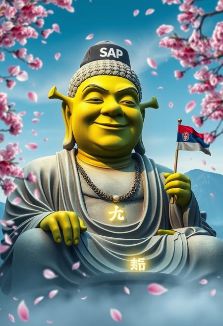 A serene and magical scene featuring a gigantic stone statue of Buddha, but with Shrek's face. The statue is in a meditative pose with cap on his head with logo SAP text and Serbian red blue white flag in one hand. The statue should resemble the Kamakura Buddha, smiling peacefully. Surrounding the statue are glowing Kanji characters, adding a mystical touch. Cherry blossom petals are blowing in the wind, filling the air.The skyline is beautiful, with high detail and an overall serene, masterpiece quality.