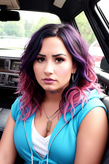 RAW photo, ((a demi lovato, 1980s style)) upper body, selfie in a car, , ((demi lovato, 1980s style))blue hoodie, (raecmbr-2650:0.9), (r4ec4mbr4:0.95), (1girl), (realistic), (photo-realistic:1.5), inside a car, driving, lipstick, freckles, (short hair), multicolor hair, necklace, (RAW photo, 8k uhd, film grain), Sharp Eyeliner, Blush Eyeshadow With Thick Eyelashes, extremely delicate and beautiful, 8k, soft lighting, high quality, highres, sharp focus, extremely detailed, during the day, (sunlight on face), beautiful detailed eyes, extremely detailed eyes and face, masterpiece, cinematic lighting, (high detailed skin:1.2), 8k uhd, dslr, soft lighting, high quality, film grain, Fujifilm XT3