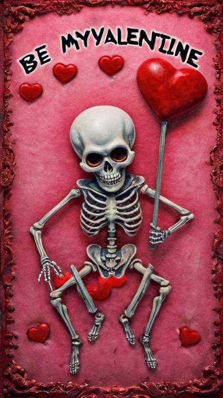 an artists interpretive depiction of a bloody valentine with the text ("BE MY VALENTINE":1.1), (japanese tattoo art style, new school tattoo art style:1.2), (a cute macabre adult valentine's day card:1.1), by (Hiroyuki-Mitsume Takahashi:1.4), breathtaking, a hyperdetailed digital ink painting, high contrast, accentuated luminosity and intricate details surreal and majestic atmosphere, award-winning, professional, highly detailed, high quality, 8k, extremely detailed oil painting, multicolored, unreal 5 render, digital art, 8K artistic photography, octane render, beautiful composition, award-winning photograph, masterpiece, cute, skulls, skeletons, cartoon, love, hearts, BREAK (a cute macabre adult valentine's day card with the text "BE MY VALENTINE":1.3), ("BE MY VALENTINE":1.3) BREAK (by Hiroyuki-Mitsume Takahashi:1.4)