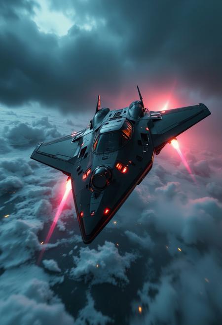 in the style of ck-mgs, A digital artwork in the style of cknc, a_skynet_cyberdyne_craft, the image is featuring a futuristic, highly advanced stealth fighter flying rapidly at altitude over a stormy sea at night. The fuselage is made of a dark gunmetal alloy and the cockpit shows glowing led lights, and has a large air intake, dutch angle, motion blur
