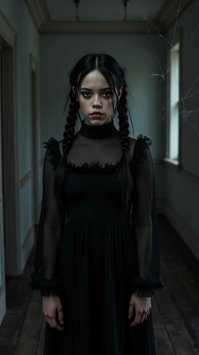 a photograph of a 18 year old j3nnaort3ga wearing goth makeup and a simple victorian black dress, black twin braids hairstyle, pale skin, looking at viewer, inside of gloomy and dusty victorian mansion full of spiderwebs, irl, real life, hyper realistic, hyper detailed, cinematic light, full body shot