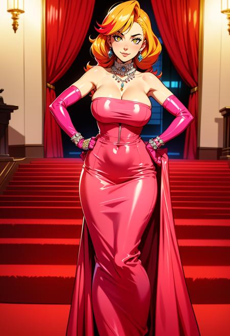 dr3ss, (pink dress), satin, diamond jewelry, long dress, strapless dress, (elbow gloves, gloves), necklace, earrings, cleavage