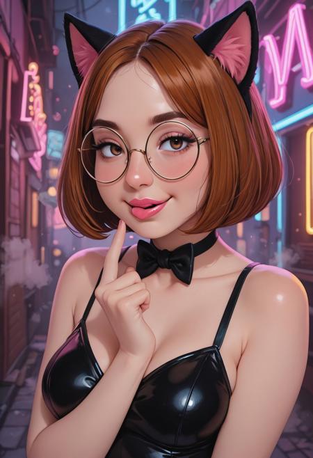 solo,1girl,meg griffin,,seductive, licking lips, bob cut,brown hair,round eyewear,glasses,pink lips,short hair, steam,neon lights, catgirl costume,