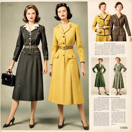 solo, vintage fashion magazine page from the post-war era, featuring a woman elegantly dressed in the style of the time. The image captures the essence of historical fashion trends with a dress that exemplifies the era's design - perhaps a mid-length A-line skirt with a fitted waist, paired with a chic blouse or a smart jacket. The page shows signs of aging: its edges are slightly tattered, the paper has yellowed, and there are subtle but charming speckles and streaks, suggesting a well-preserved relic from a bygone era, resonating with the nostalgia and elegance of post-war fashion, , <lora:postwarfashion:0.6> ,<lora:rppc:0.8>