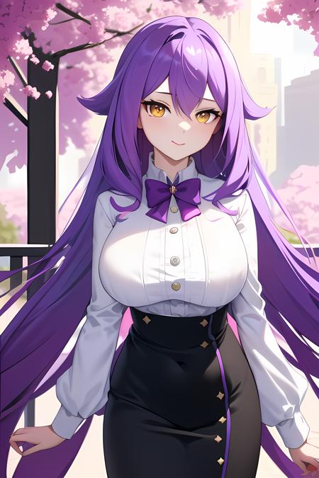 ((masterpiece, best quality)),1girl,outdoors, sirin,long_hair, long_sleeves, looking_at_viewer, pencil_skirt, purple_bow, purple_hair, skirt, solo, thigh_strap,black_skirt, very_long_hair,cowboy_shot, white_shirt, yellow_eyes,,,,,,, ,extremely detailed CG unity 8k wallpaper, perfect lighting,Colorful, Bright_Front_face_Lighting,White skin, (masterpiece:1.0),(best_quality:1.0), ultra high res,4K,ultra-detailed, photography, 8K, HDR, highres, absurdres:1.2, Kodak portra 400, film grain, blurry background, bokeh:1.2, lens flare, vibrant_color,professional photograph,(Beautiful large_Breasts), (beautiful_face:1),(narrow_waist),Beautiful Finger,Beautiful long legs,Beautiful body,Beautiful Nose,Beautiful character design, perfect face,perfect balance,