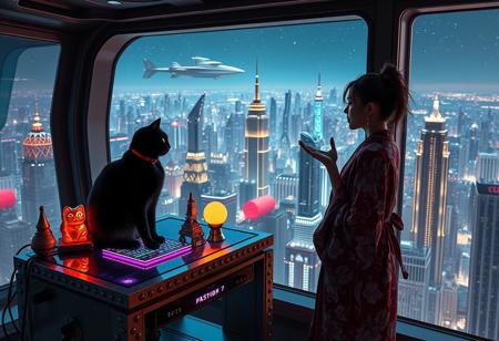 A sleek black cat with red collar sits on a cluttered metal riveted desk with transparent top and rgb led computer components visible inside, On the desk are a maneki neko statue and a lava lamp, the Black Cat is looking out of a seamless and futuristic floor to ceiling window that looks out at thousands of enormous wide and tall futuristic skyscrapers from a large window in a descending spaceship, a beautiful woman, 24 years old, is standing next to the cat looking at the viewer holding out her hand in a welcoming gesture, out the window is the enormous city at night, filled with buildings of many shapes and sizes, some over a mile tall))), the woman is dressed in an ornate Japanese style bath robe. An enormous deco starship with futuristic lighting and design is visible high above the city, and a space station is visible in the background among the stars, The woman's hair is messy from just waking up and tied up with a ribbon. Artistic cyberpunk, dynamic perspective, (((overall architectural aesthetic is Art Deco Cyberpunk))).  (((A large futuristic building shaped like a torii gate stands among the enormous tokyo structures,)))