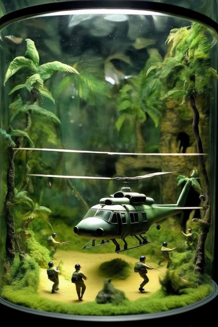 <lora:Diorama:1>Diorama - a realistic handmade diorama of a hellicopter on an attack run in a glass snake enclosure at a zoo.