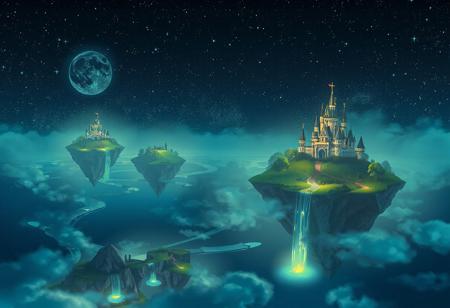 A nightscape featuring floating islands drifting in a star-filled sky.  complete with castles and glowing waterfalls