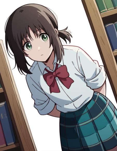 ayano hanesaki, short hair, black hair, green eyes, ponytail, short ponytail, sidelocks, skirt, shirt, bow, school uniform, white shirt, pleated skirt, collared shirt, bowtie, red bow, plaid, plaid skirt, red bowtie, sleeves rolled up,