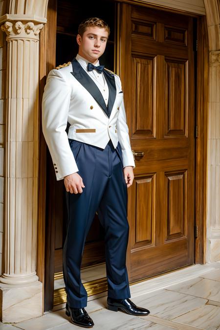 front doorway of a castle, holding the door open, dignified ConnorMaguire, in a (butler uniform), (((full body portrait))), (full body), wide angle,  <lora:ConnorMaguire:0.8>