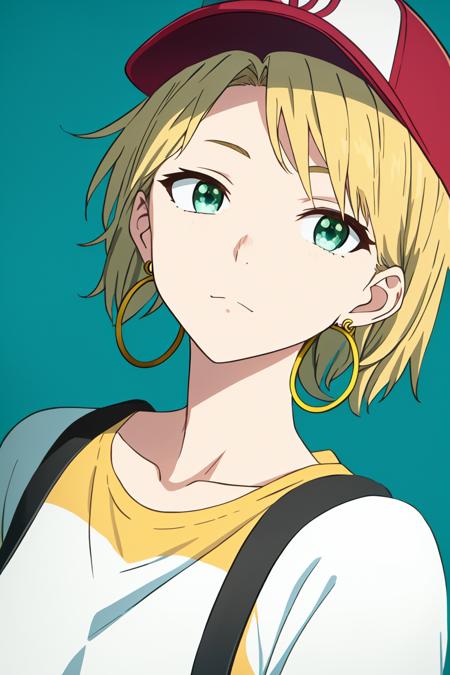 koe no katachi, masterpiece, best quality, 1girl, aqua eyes, baseball cap, blonde hair, closed mouth, earrings, green background, hat, hoop earrings, jewelry, looking at viewer, shirt, short hair, simple background, solo, upper body, yellow shirt <lora:koe_no_katachi_offset:1>