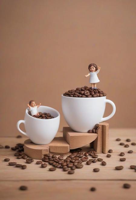 white cup on the table, coffee beans walking around, happy beans building stairs on cup, 1 boy and girl sitting on the edge of the cup