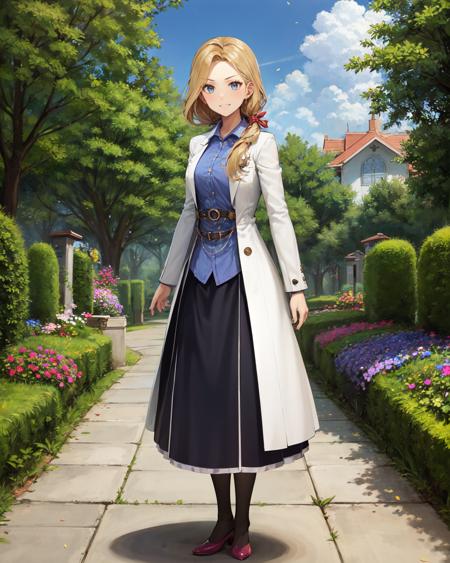 best quality, (masterpiece:1.2), illustration, absurdres,
(1girl), (solo), (beautiful detailed girl), full body shot,,
<lora:Erika-06:0.9>, Erika Russell, blonde hair, long hair, hair over shoulder, red ribbon in hair, medium breasts,
white labcoat, blue shirt, long black skirt, pantyhose, red high heels,
proud, (angry:0.8), smug, smile,
particles, enchanting, magical, magic, church garden, outside church, stained glass, flowers, bush, plants, trees, sky, clouds, day, fruits, berries