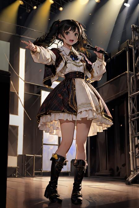 masterpiece, best quality, idol_costume, knee boots, 1girl, solo, idol, full body, looking at viewer, long black hair, twintails, standing on stage, stage lighting, stage spotlight, detailed background, singing, holding microphone, audience, <lora:idol_costume_style3_v3:0.7>