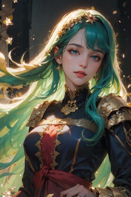 (absurdres, highres, ultra detailed), 1woman, mature female, aged up, wavy long hair, green hair, ruby eyes, bangs, long sleeves, finely detailed eyes and detailed face, extremely detailed CG unity 8k wallpaper, intricate details,  looking down, solo, (full body:0.6), detailed background, detailed face, (renaissance theme:1.1), medieval fantasy (bard:0.8), happy expression, dancing, dynamic pose, colorful laced clothes, music, joyful atmosphere, street, music,  music emanating, floating musical notes, musical notes, bright lighting, flowers,  party, performance,, portrait