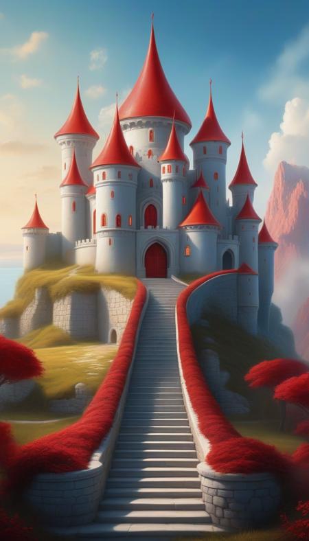 Surrealist art a fantasy castle with a red roof and red domes on it's roof and a staircase leading to the entrance, Chris LaBrooy, rossdraws global illumination, a detailed matte painting, fantasy art . Dreamlike, mysterious, provocative, symbolic, intricate, detailed