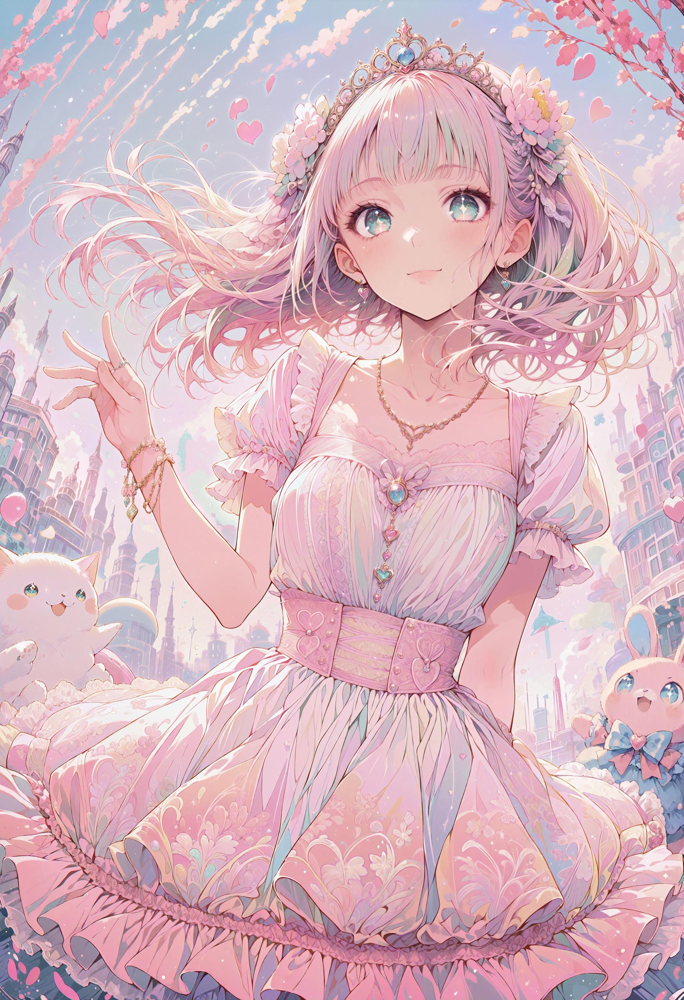 posing, photosession, light smile, face, happy, looking at viewer, beautiful detailed eyes , ears, earrings, neckplace, aqua eyes, hand, waving,
gradient pastel colors, flurry of pastel green, purple, and blue, 1girl, solo, cowboy shot, close up, face focus, vtuber anime character design, incredibly cute anime-style face, sparkling eyes, maximalist character design, super decorative fashionable pink attire, frilly cupcake-shaped dress in different shades of red, covered in lace, ribbons, and frills, multi-layered hair, streaked hair, ribbon, hair ribbon, hair flower, sparkly hair accessories, chocolate dress motifs accessories, stuffed toys dress accessories, miniature mascot characters dress accessories, petticoats peek out from her dress, each a different shade of pink, stockings, striped stockings, platform shoes with heart-shaped buckles., bracelet, rings, necklace, tiara, the background is a dizzying collage of vivid gradient colors, flat style, dramatic, soft focus, detailed illustration, ethereal, magical atmosphere, limited palette with soft colors, (pastel pink and lemon yellow theme, pastel colors, pastel drawing, delicate blending, expressive, pencil art), noisy lines, abstract texture, cinematic, (anime masterpiece), (ultra-detailed), very aesthetic, illustration, perfect composition, intricate details, absurdres, (best quality, high detail:1.2), (incredibly detailed:1.4)
<lora:PerfectEyesXL:0.5> <lora:incase_v14:0.5> <lora:Sinozick_Style_XL_Pony:0.75> <lora:1g0rXLP:0.8>


#made with controlnet