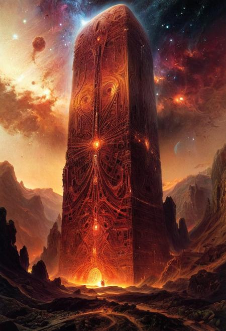 The lovecraftian depiction of the unimaginable inevitable endless cosmic horror coming from the deadly void of space in the form of the giant irritating ethereal indescribable ancient non-euclidean monolith, high quality, detailed, intricate details, masterpiece, UHD 16K, professional photograph, by thomas moran, by zdzislaw beksinski