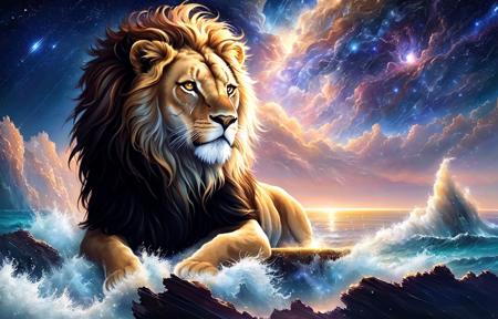 Style-NebMagic,  an award winning masterpiece character concept art of solo, a majestic lion mane pulsing with celestial Style-Nebmagic, lion gazing at the stars laying on a cliff, sparkling lights, fantasy lion, imposing, laying on top of a cliff gazing at the stars, full body, close up, looking at viewer, mysterious ambiance, mystery, intrigue, laughter, dynamic lighting, beautiful lighting,  <lora:torinoAquaStyleLora_v1:0.25>