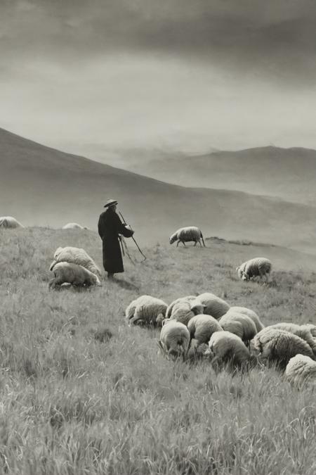 monochrome, traditional media,  grasslands, sheepï¼shepherd<lora:langjingshan-000005:0.9>