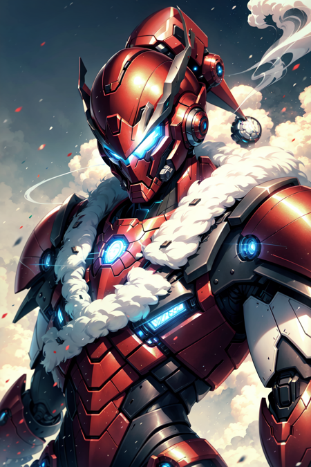 AiOverlordSanta, , solo, 1boy, upper body, male focus, armored santa robot, looking down, helmet, smoke, science fiction, power armor, christmas theme, uhd, octane render, extremely detailed, ultrasharp, art by artgerm, marvel superhero <lora:DuskAiOverlord:0.5>