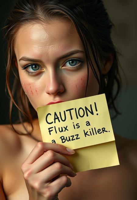 Realistic wet perfect girl holding paper "Caution! Flux is a Buzz killer" written