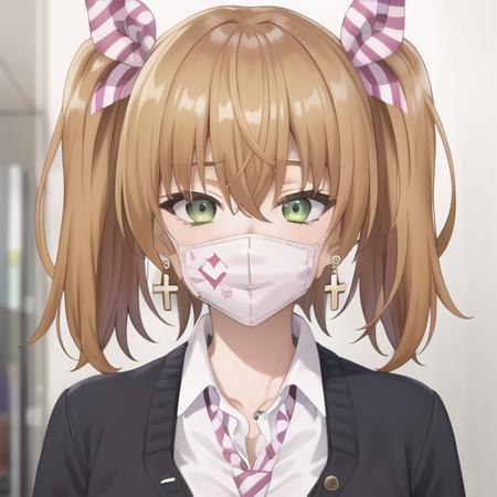 (masterpiece, best quality:1.2),illustration,8k,hd,1girl,solo,facing viewer,earrings,jewelry,green eyes,shirt,cross earrings,cross,collared shirt,jacket,mouth mask,hair between eyes,bangs,white shirt,ribbon,bow,green jacket,striped,hair ribbon,brown hair,school uniform,cardigan,twintails,pleated skirt,striped necktie,white pantyhose,<lora:Wakakusa Moena-V1:0.8>,