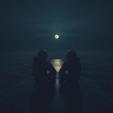 detailed, 4K image of astronauts sitting on airplane wing facing toward an atmospheric sky containing silhouette of another planet along with moon. the image is moody detailed, atmospheric and highly detailed