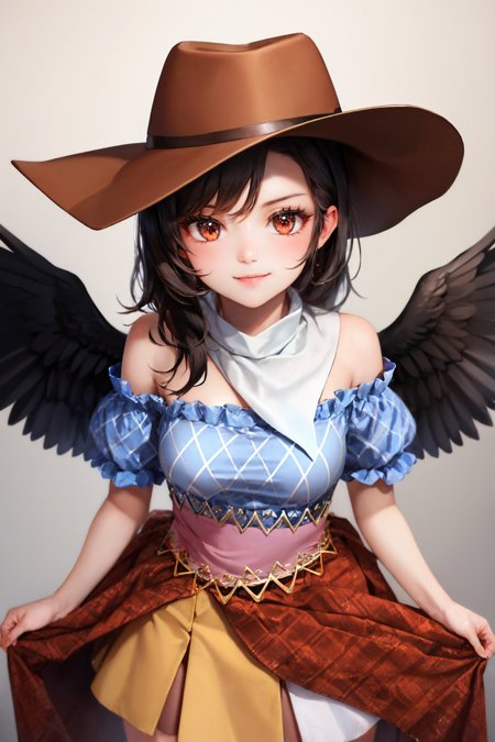 kurokoma saki cowboy hat blue shirt off shoulder puffy short sleeves brown skirt overskirt boots bandana feathered wings