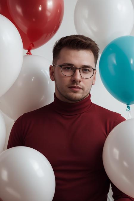 LukaDoncic, fashion portrait photo of handsome man from the 60s wearing a (red turtleneck) and glasses standing in the middle of a ton of white balloons, taken on a hasselblad medium format camera <lora:LukaDoncicLora:1>