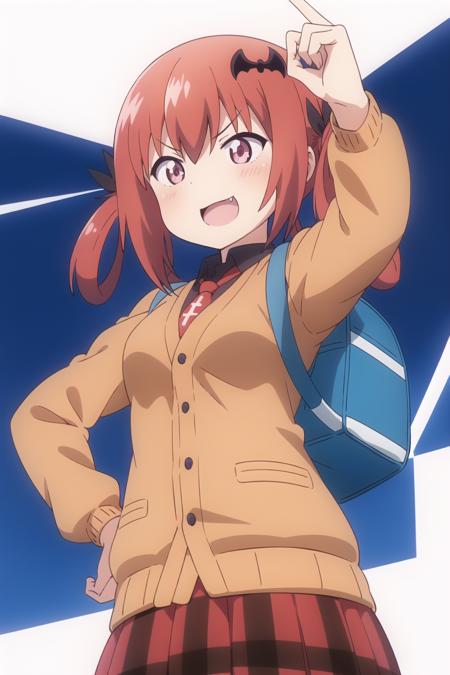 satania, 1girl, bat_hair_ornament, solo, fang, cardigan, bag, skirt, inverted_cross, open_mouth, necktie, school_uniform, smile, black_shirt, plaid, hand_on_hip, plaid_skirt, shirt, v-shaped_eyebrows, school_bag, :d, cross, red_necktie, breasts, pleated_skirt, red_skirt, collared_shirt, cross_print, long_sleeves, arm_up, ribbon, blush, blue_background, from_below, cowboy_shot, smug, wing_collar, brown_cardigan, hand_up, upper_body