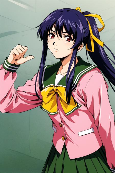 1girl, solo, pink jacket,green pleated skirt,sailor collar, school uniform, serafuku,long sleeves,yellow bowtie,blue hair,bangs,high ponytail, green hair ribbon,red eyes,looking at viewer,   <lora:Hidero Horibe:0.8>, <lora:Takabe Eri:0.3>